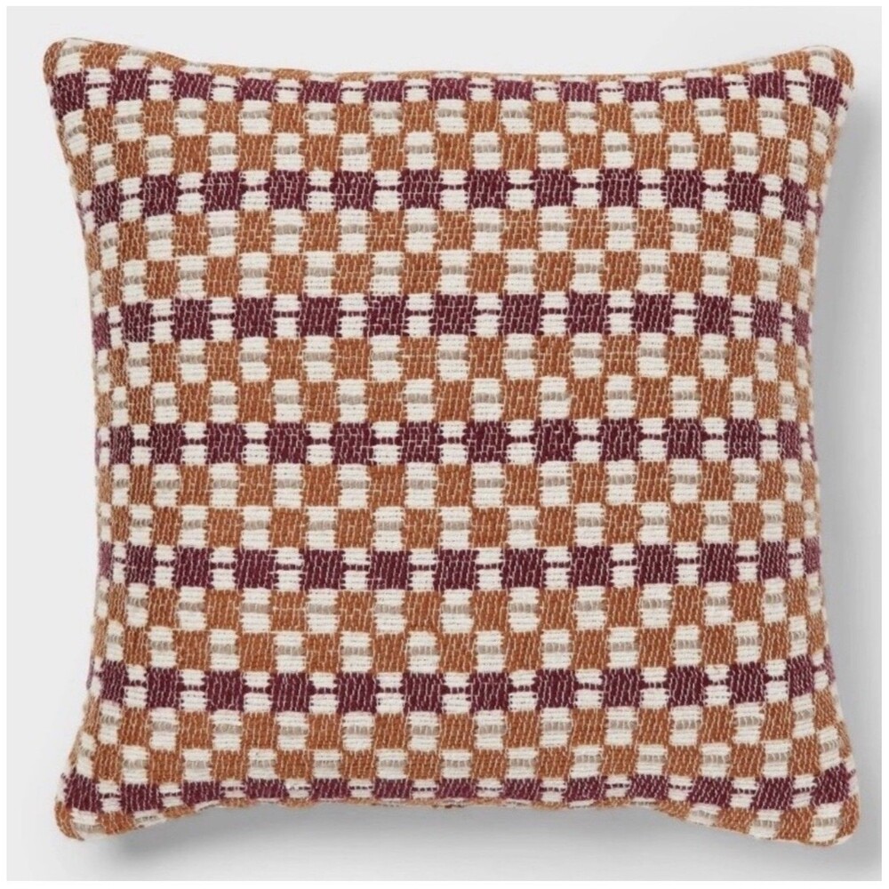 Threshold Square Checkered Woven Throw Pillow Caramel Ivory Berry NEW